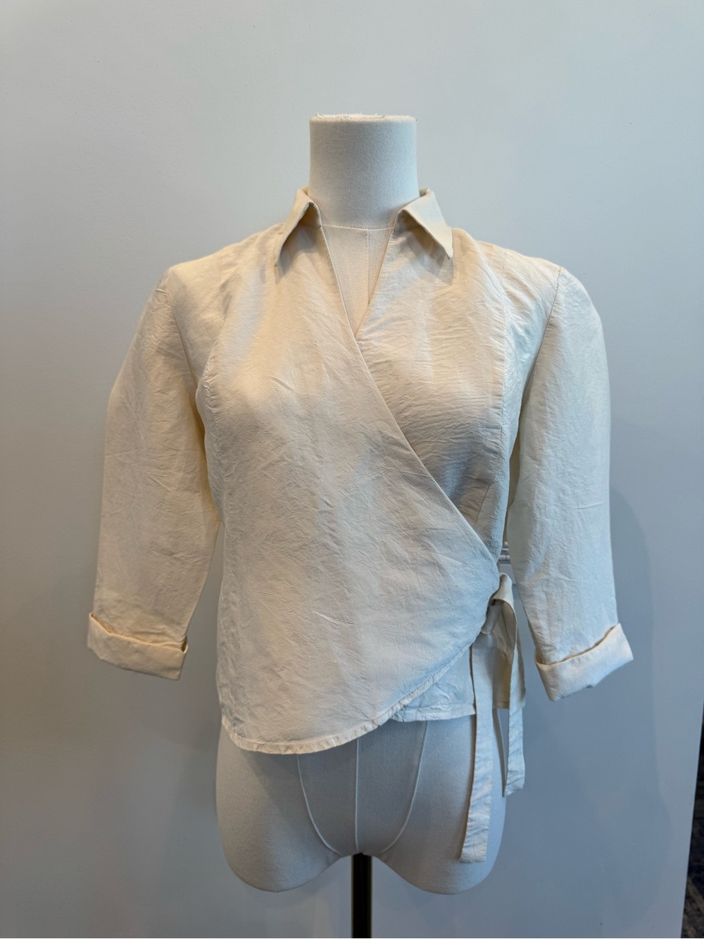 Kate Hill Petite Silk Cream Wrap Blouse with Side Tie